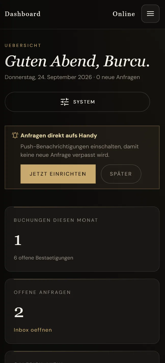 Admin-Panel Dashboard mit Push-Hinweis