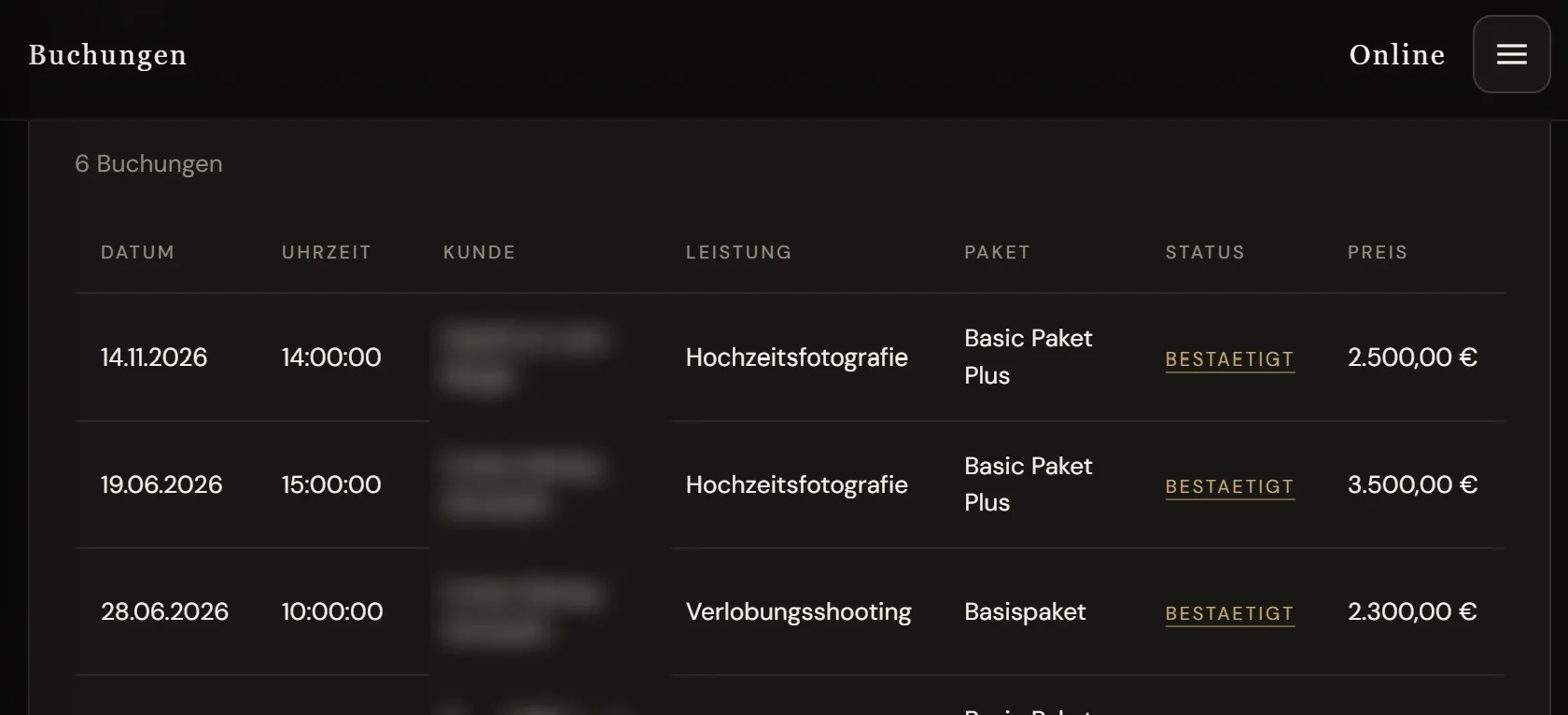 Buchungsliste mit Datum, Leistung, Paket, Status und Preis