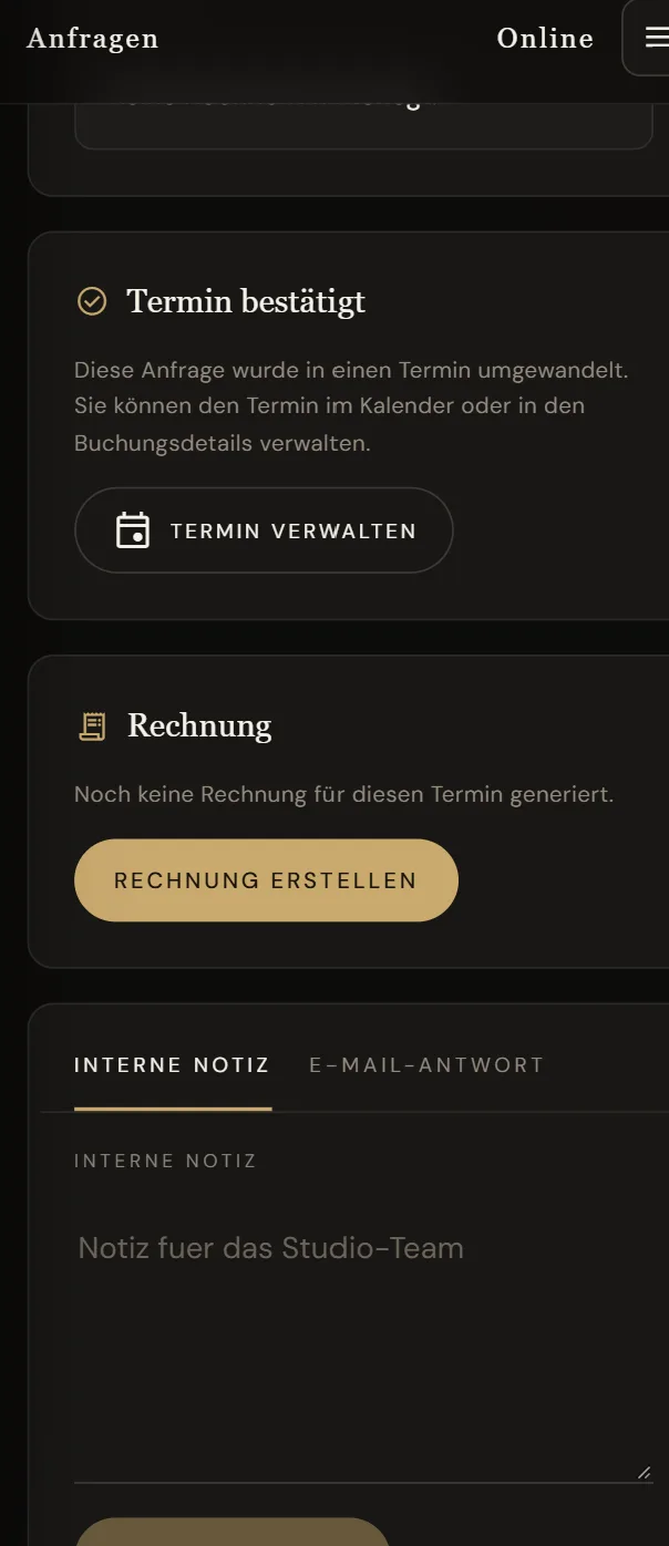 Anfrage-Detail: Termin bestätigt, Rechnung erstellen, interne Notiz