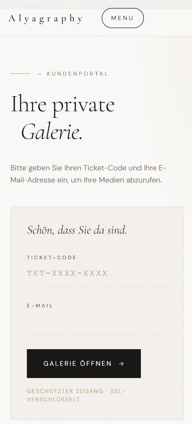 Alyagraphy Kundenportal mit Ticket-Code-Login