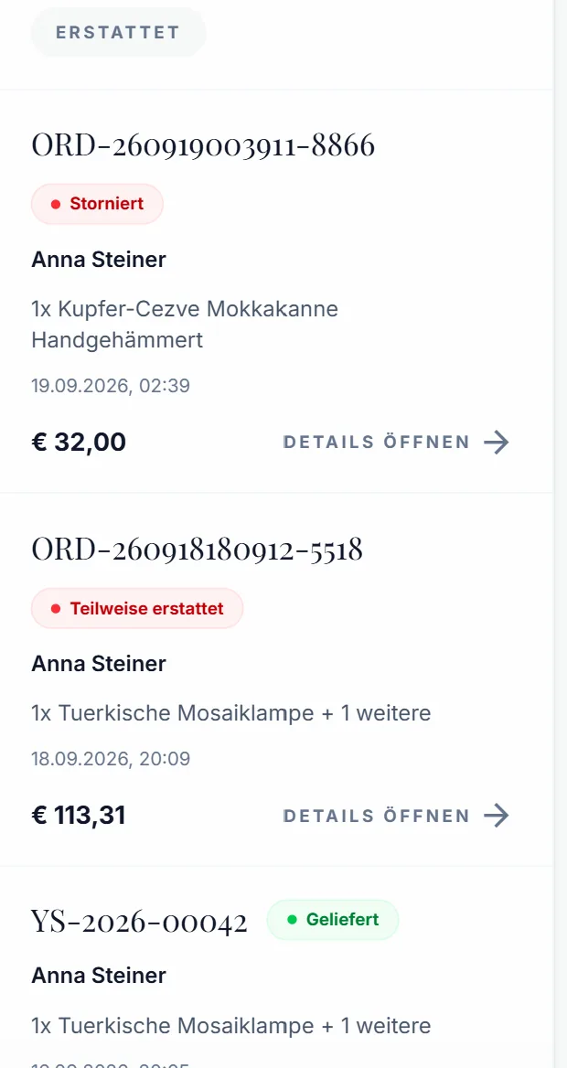 Bestellliste mit Status storniert, teilweise erstattet und geliefert