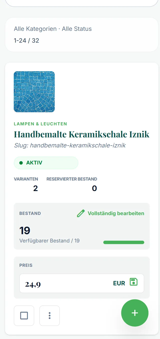 Produktkarte mit Bestand, Varianten und Preis