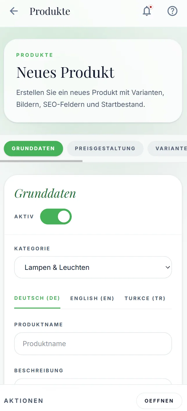 Neues Produkt mit Grunddaten in drei Sprachen