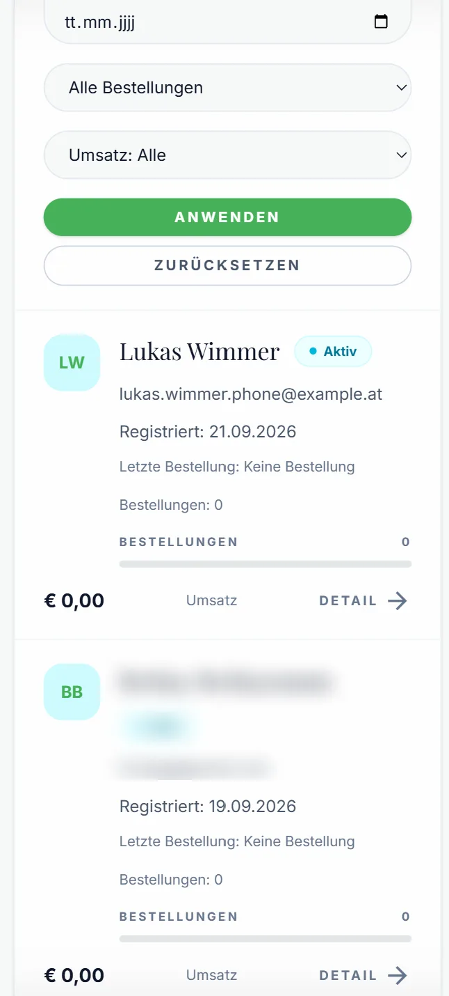 Kundenliste mit Filtern, Umsatz und Bestellungen