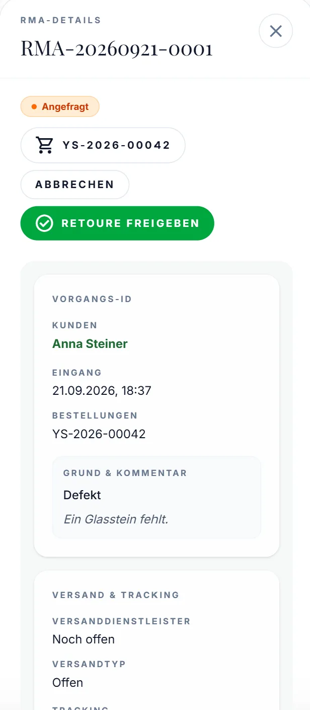 Retoure mit Grund, Kommentar und Button Retoure freigeben