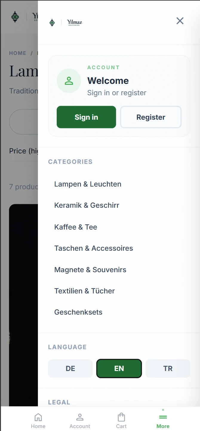 Side menu with account, categories and language switch