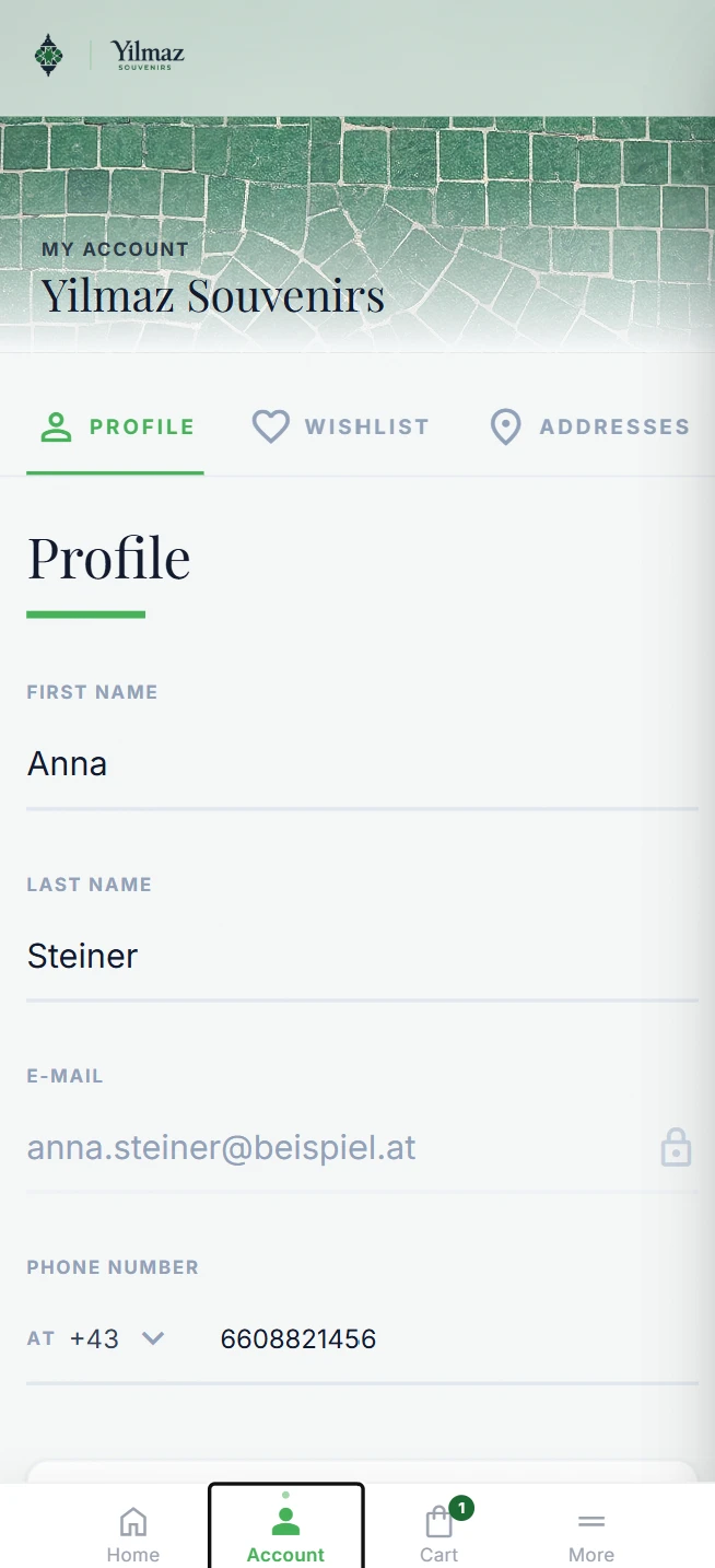 Customer account with profile, wishlist and addresses